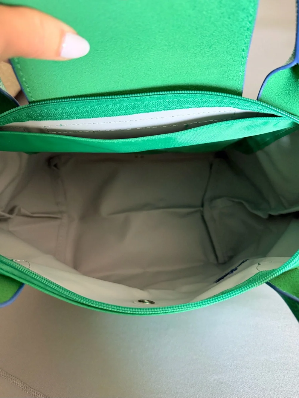Longchamp green nylon top-handle tote with blue logo